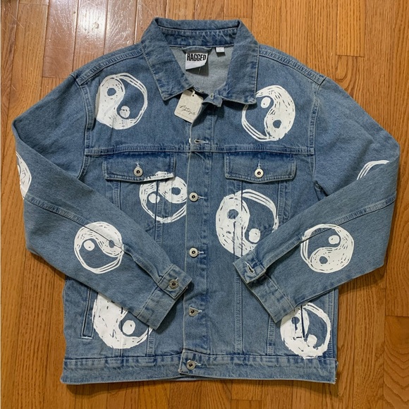 Ragged Priest Free People Yin-Yang Print Denim Blue Jean Jacket Size Small NWT
